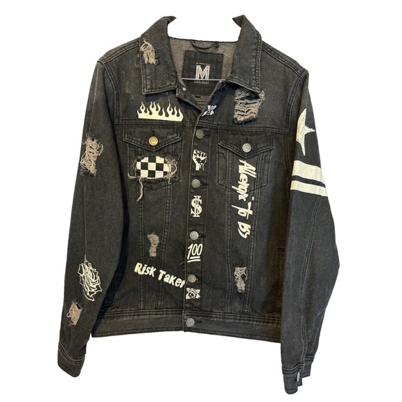 Men's M Society Mad City Politically Incorrect Washed Denim Distress Jacket Med - Picture 1 of 8